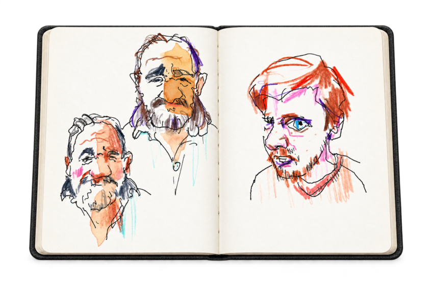 Aufgeschlagenes Skizzenbuch mit drei Aquarellporträts